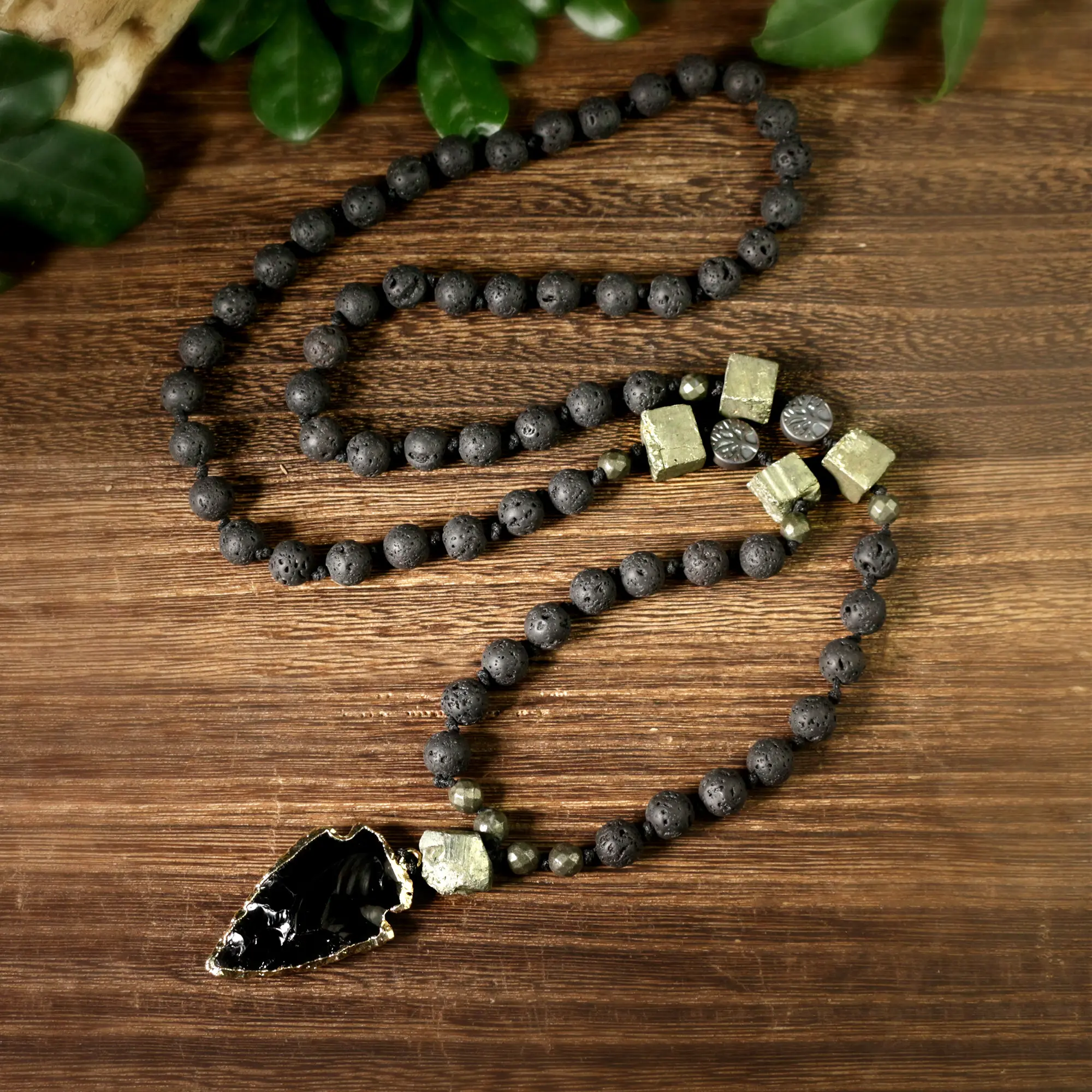 Unisex Viking Natural Crystal Jewelry Gift - Black Obsidian Arrowhead Pendant, Lava Rock, Pyrite Beads Natural Stone Necklace for Adults' Daily Healing, Protection Pendants Jewelry