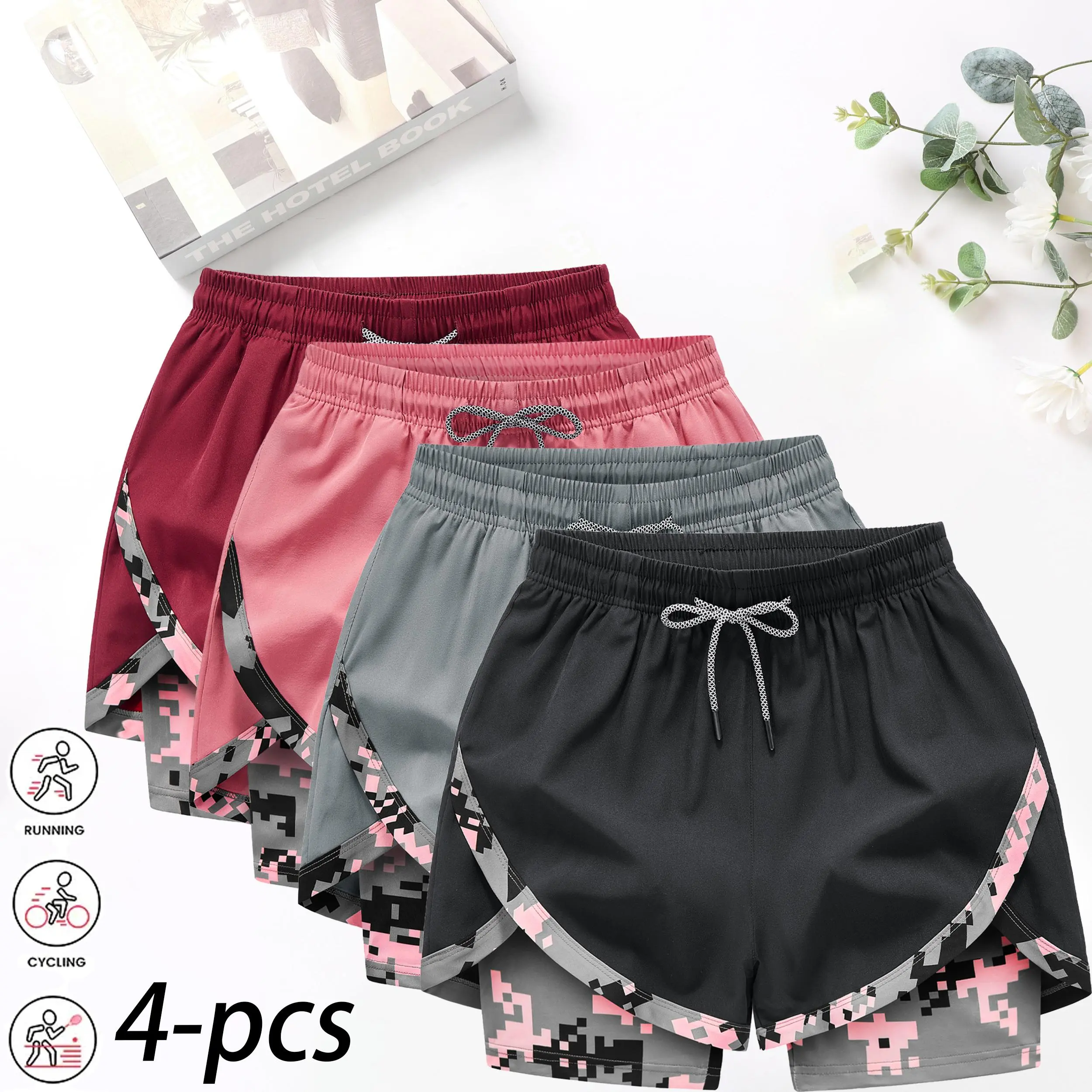 4-Pack Women’s 2-in-1 Camouflage Lined Running Shorts — Quick-drying, anti-chafing sports shorts with no ride-up issues, suitable for the gym, yoga, and outdoor workouts
