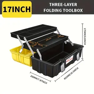Local warehouse delivery multi-size 17inch / 21-inch folding toolbox| Durable Plastic Waterproof Storage Box with Adjustable Tray and Compartments| Portable Home Repair Toolbox for DIY and Professional Use| Safety Red Lever Lock| Ideal for garage and work
