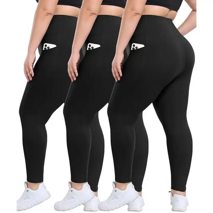Women's Plus Size 3-Pack Elastane Leggings - Buttery-Soft High Waisted Compression Pants with Pockets, Tummy Control, Athleisure Style Bottoms, Sporty Chic High Waisted Sportswear for Workout, Athleisure Gym Clothes, Female, All Seasons
