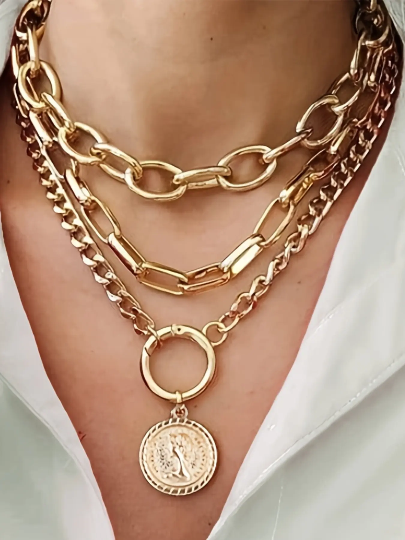 Women's Alloy Chain Necklace Set, Casual Style Jewelry for All Seasons, Trendy Vintage Design Accessory, Perfect Gift Idea, Trendy Charm Necklaces, Cuban Necklaces, Cuban Link Chains, Chunky Chain Jewelry, Fashion Necklace