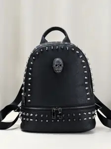 European and American Fashion Backpack, Skull Head Rivet Decoration, Large Capacity, Travel, Shopping, Party, PU Leather, Preppy Style