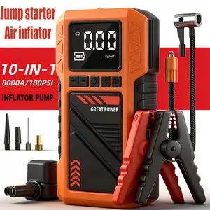Car emergency starter, Car accessory, Automotive, 2-in-1 car repair kit (180 psi air compressor and 8000A car starting power supply), 12V/24V battery booster, equipped with crocodile clips and inflation accessories, car emergency rescue tool