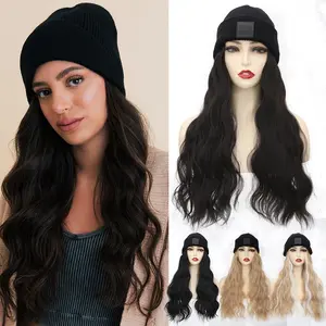Hat Wig Knit Hat With Hair Extensions 18inch Long Curly Wavy Body Wave Synthetic Knitted Hair Wig For Woman Winter, Bleach Blonde With Highlight