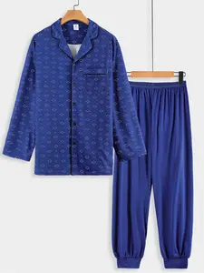 Men's Navy Blue Geometric Print 2-Piece Pajama Set - Notch Collar Button-Down Shirt + Elastic Cuff Pants, Soft Breathable Fabric, Relaxed Fit for At-Home Lounging, Sleep & Lazy Weekends