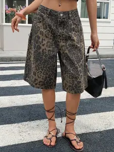 Women's High-Waisted Leopard Print Jeans, Streetwear Cool Personality Design, Fashion Versatile Casual Fit Mid-Length Pants