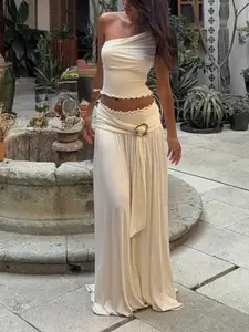 Women's Summer Fashion Sexy Asymmetrical Sleeveless High Waist Cropped Crop Top Skirt Set, Casual Two-Piece for Daily Wear