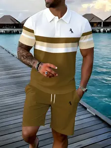 Men's Striped Polo Shirt and Shorts Matching Set, Summer Casual Sport Two-Piece, Comfortable Breathable Tropical Beach Vacation Clothing