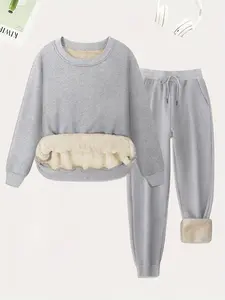 Women's Plain Plush Lined Fitted Sweatshirt & Drawstring Waist Sweatpants Two-piece Set, Casual Round Neck Long Sleeve Pullover & Pocket Jogger Pants, Women's Two-piece Outfits for Winter