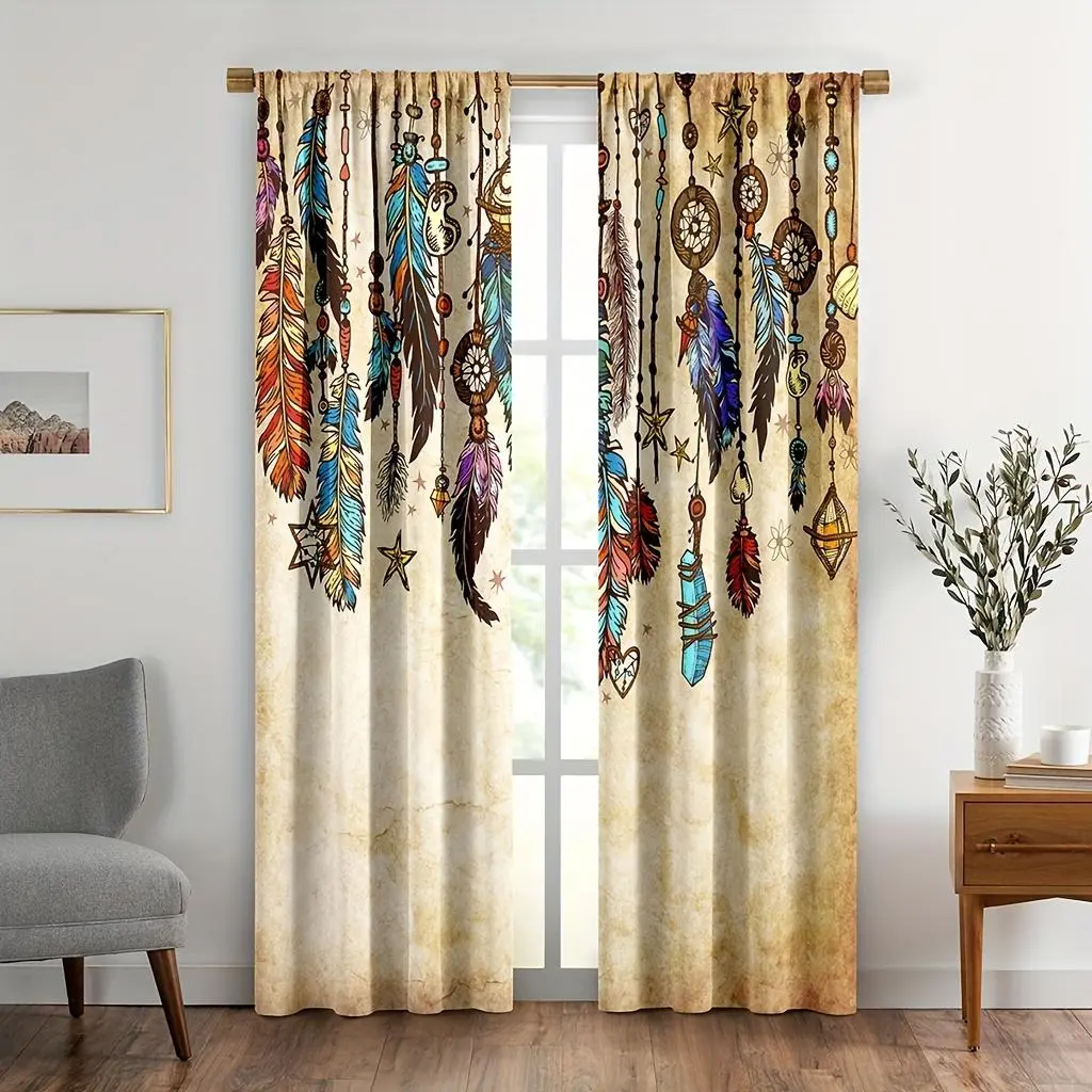 Vintage Boho Feather Print 2-Piece Native Tribe Rod Pocket Curtains, Polyester Window Drapes for Bedroom/Kitchen, 2m Household Textiles