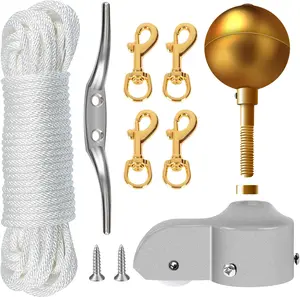 Flagpole Hardware Repair Parts Kit,50  Halyard Rope+3"  Ball+6" Zinc Alloy Cleat + 4 Metal Swivel Snap Clips + Aluminum Alloy Flagpole  with Nylon Pulley for 1.6"-2" Flag Poles