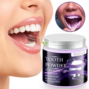 ROZINO Purple Brightening Tooth Powder 50g Kaolinite Clay Activated Carbon Formula for Stain Removal Peppermint Oil Freshens Breath Plant Based Whitening Powder for Daily Oral Care