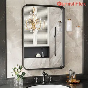 【Deal】Bathroom Mirror Wall Mirror for Bathroom Black Metal Framed Rounded Corner Rectangle Vanity Mirror, Large Mirrors for Wall, Anti-Rust& Waterproof