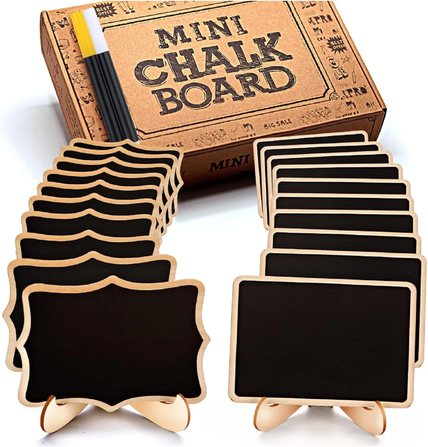 Mini Chalkboard Signs, 20 Pack Small Wooden Tabletop Chalkboard Sign with Support Easels for Weeding Table Numbers, Buffet Food Signs, Party Decoration (Fancy Polygon)