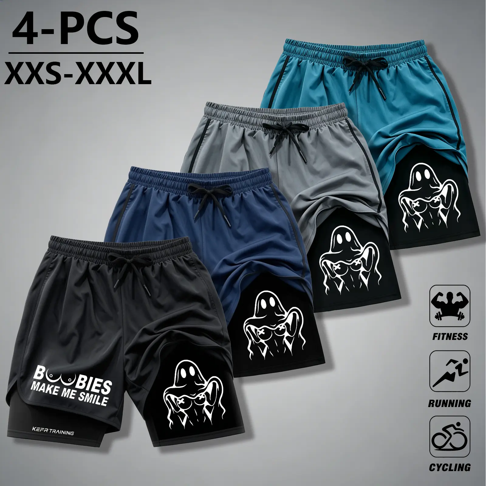 Men' s double layer anti abrasion fitness shorts; fun nunprint shorts; compression inner layer; drawstringwaistband; athletic training bottoms; rear towel loop;street-style shorts; men' s outfits; men' s ultra-shortshorts. Slim Fit shorts cargo