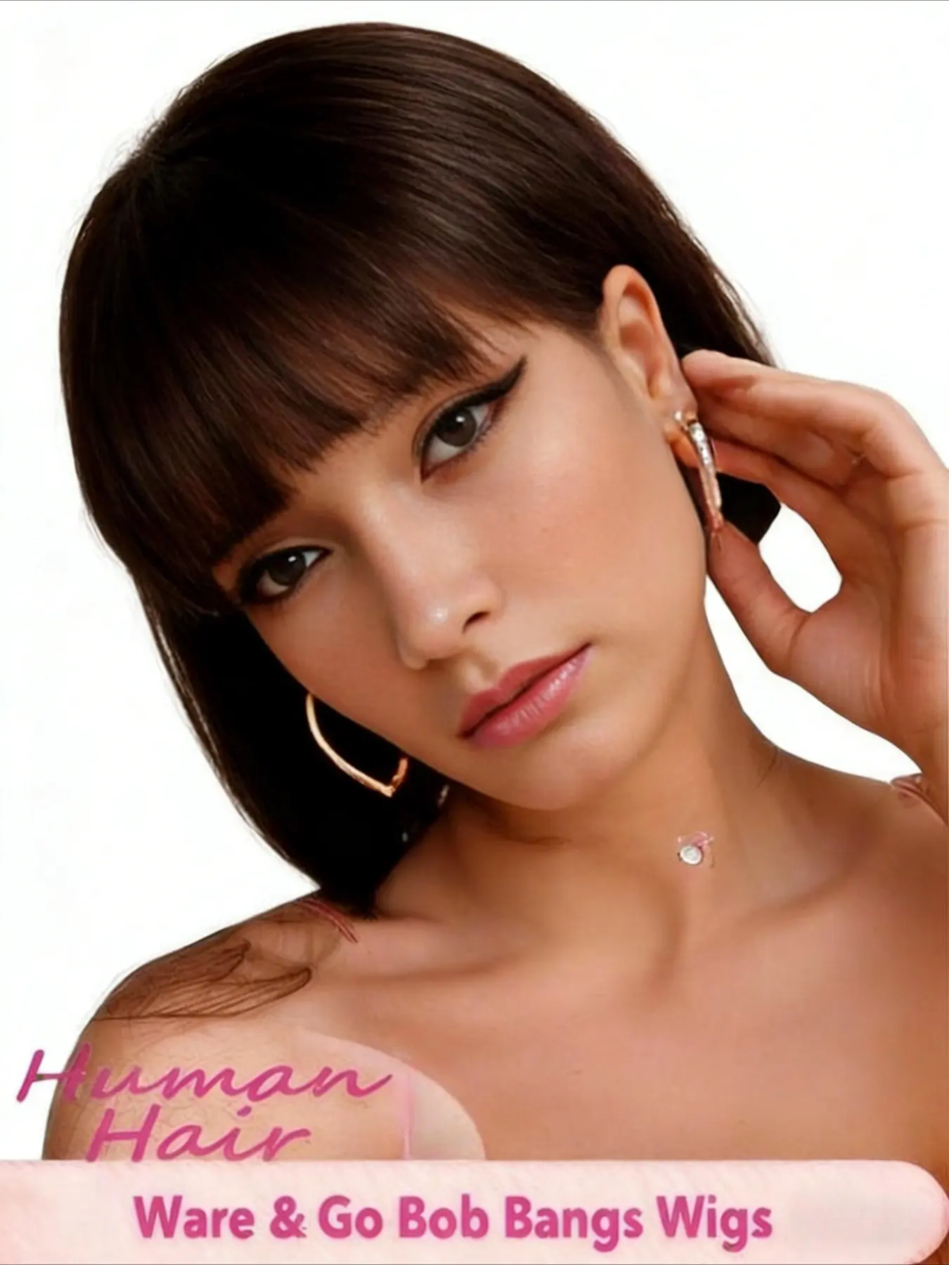 #4 Brown Short Straight Bob Human Hair Wig with Bangs Full Machine Made Crafted Natural Hairline Silky Smooth Texture Lightweight Wearable Ideal for Women Daily Fashion and Casual Occasions
