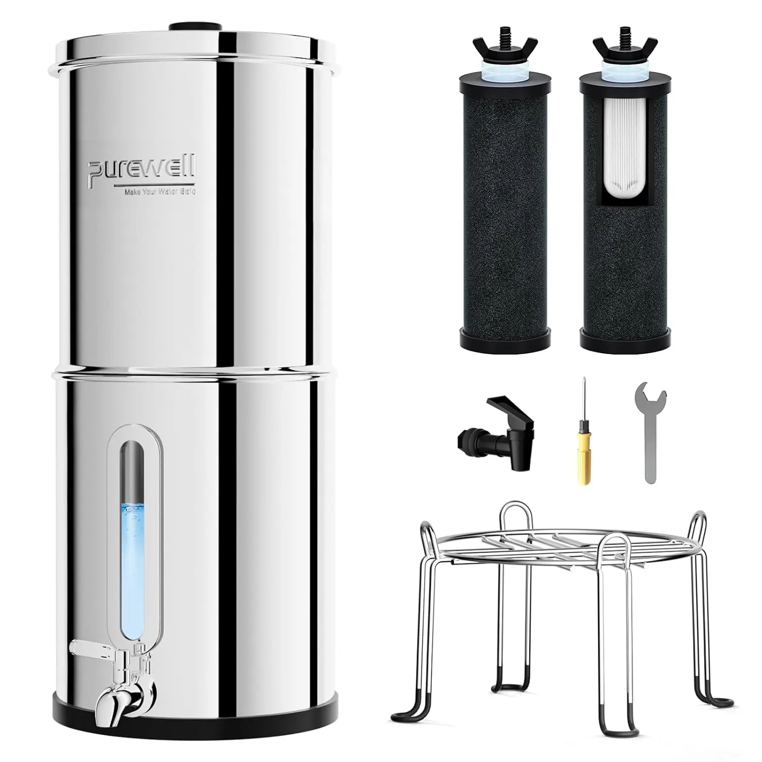 Purewell Flow Gravity Water Filter System - Stainless Steel Reusable Countertop Purifier with Activated Carbon, 2.25 gal cap. Filtration for Home Kitchen Cabin Water Container, Emergency Prep