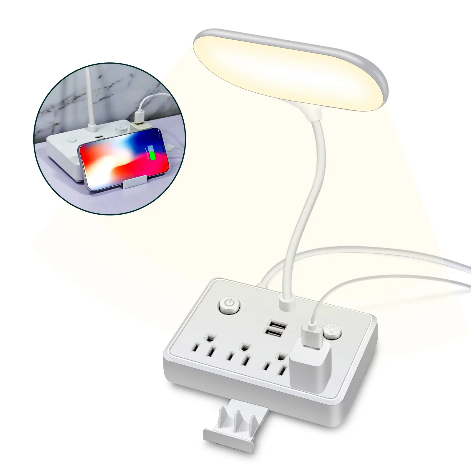Power Strip with LED Desk Lamp, 3 Outlets 2 USB Ports  for Home Office Bedroom Bedside, Study Reading Light, 4ft Extension Cord, Dorm Room Essentials