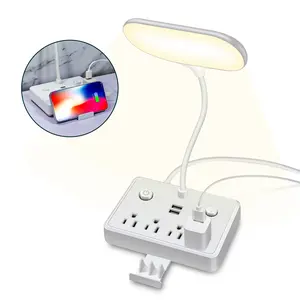 Power Strip with LED Desk Lamp, 3 Outlets 2 USB Ports  for Home Office Bedroom Bedside, Study Reading Light, 4ft Extension Cord, Dorm Room Essentials