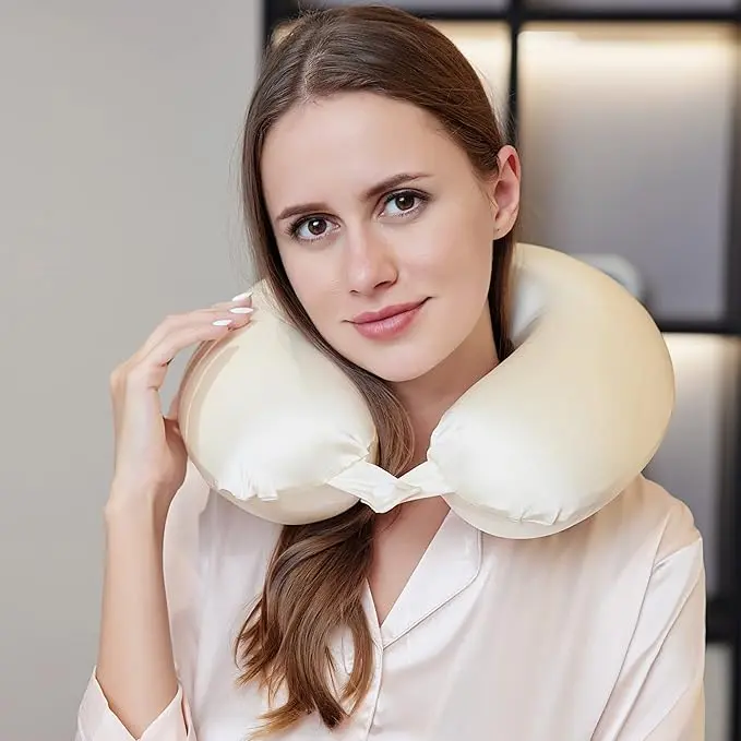 100% Mulberry Silk Travel Neck Pillow for Sleeping 22 Momme Silk Airplane Travel Pillow for Pain Relief Sleeping, Plane Neck Support Pillow, bedding nest breathable