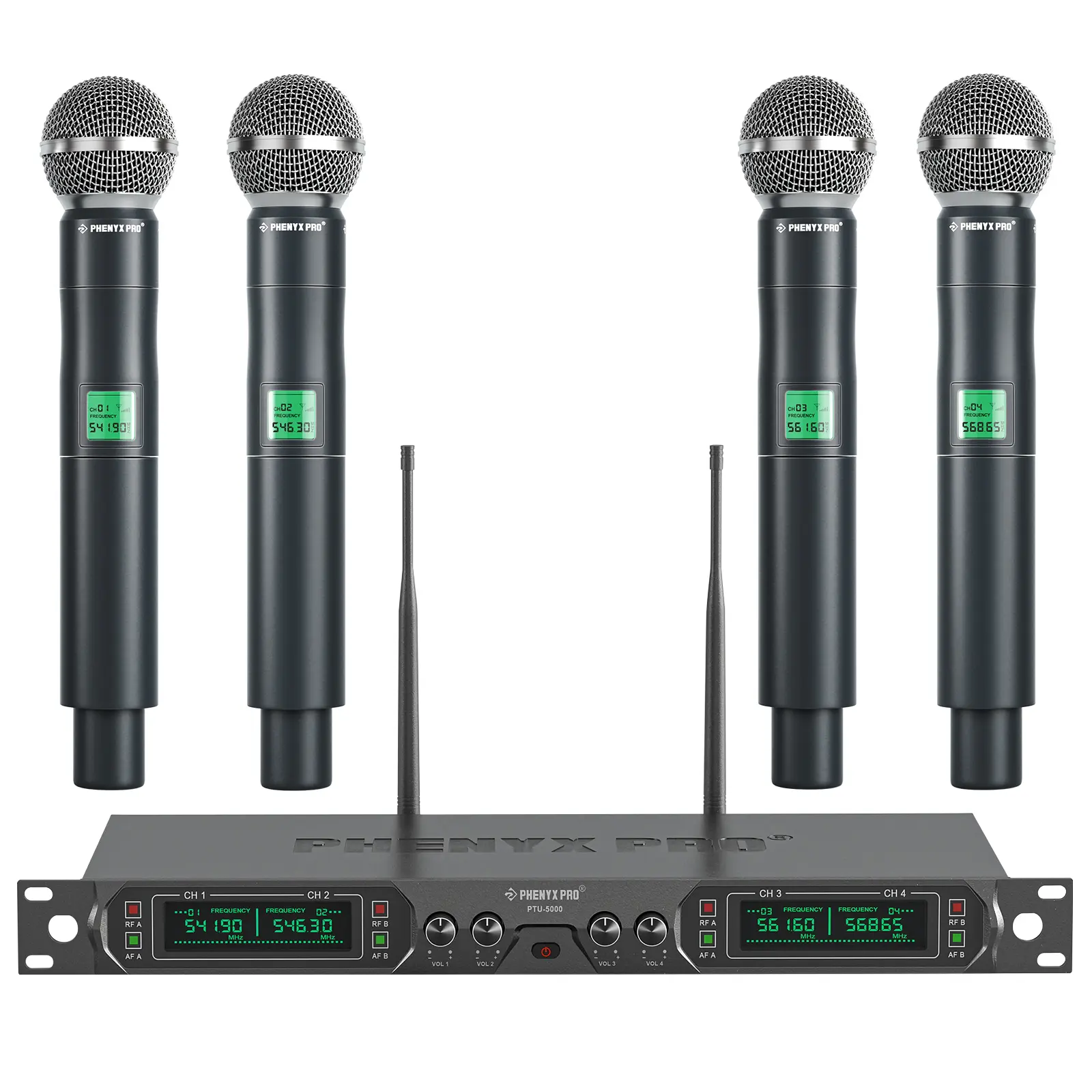 Phenyx Pro PTU-5000-4H 4-Channel UHF Wireless Microphone System – Fixed Frequency Cordless Mic Set w/ 4 Metal Handheld Dynamic Mics, 260ft Range, for Singing, Church, Events