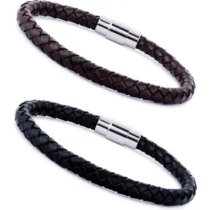 FLORIDECO 2PCS Stainless Steel Braided Leather Bracelet for Men Women Wrist Cuff Bracelet 7.5-8.5 inches Daily