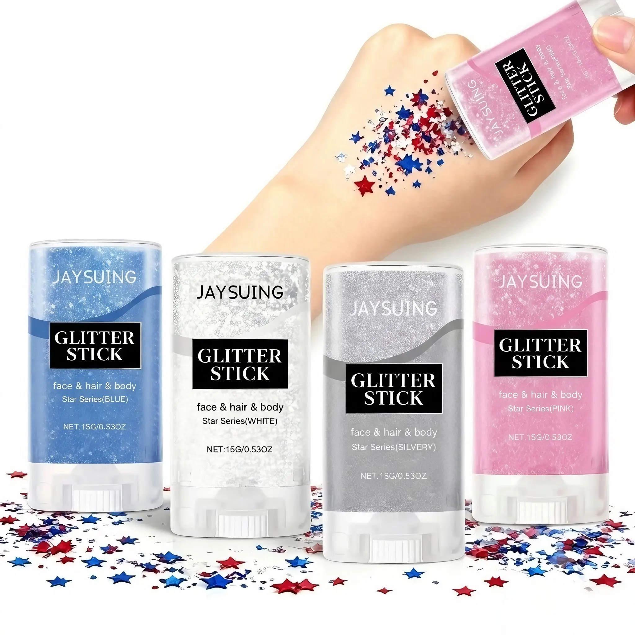 Self-Adhesive Glitter Stick Tube, Patriotic 4th of July Body Glitter with Red, White & Blue Shimmer, Waterproof Long-Lasting Face Paint Makeup for Adults & Youth, Vegan, Unisex, Light, Fine Glitter