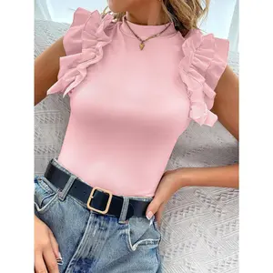 women summer tops  Neck Ruffle Trim Tee