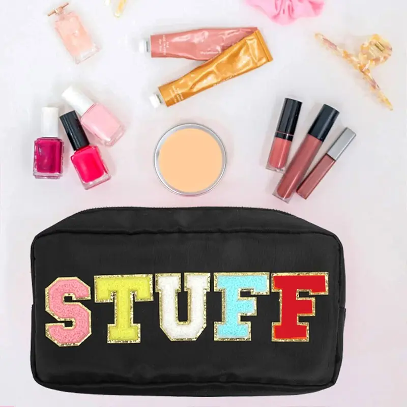Women's Classic Plain Glitter Chenille Letter Patch Cosmetic Bag - Nylon Fabric Zipper Pouch, Large Capacity Travel Ready Home Organizer Storage Bag for Outdoors (Black, Beige)