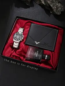 Men's Watch Set 3pcs, Trendy Style Silver Color Steel Strap, Quartz Watch, Wallet & Perfume Included, Perfect Gift for Christmas, Valentine's Day