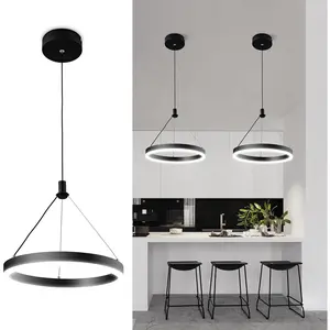 Modern LED Chandelier,Black Pendant Light Fixture with Circular Ring Lights,Adjustable Height Chandeliers with Circular Ring Shape for Dining Room Kitchen Island Living Room Bedroom Cafe(4000K)