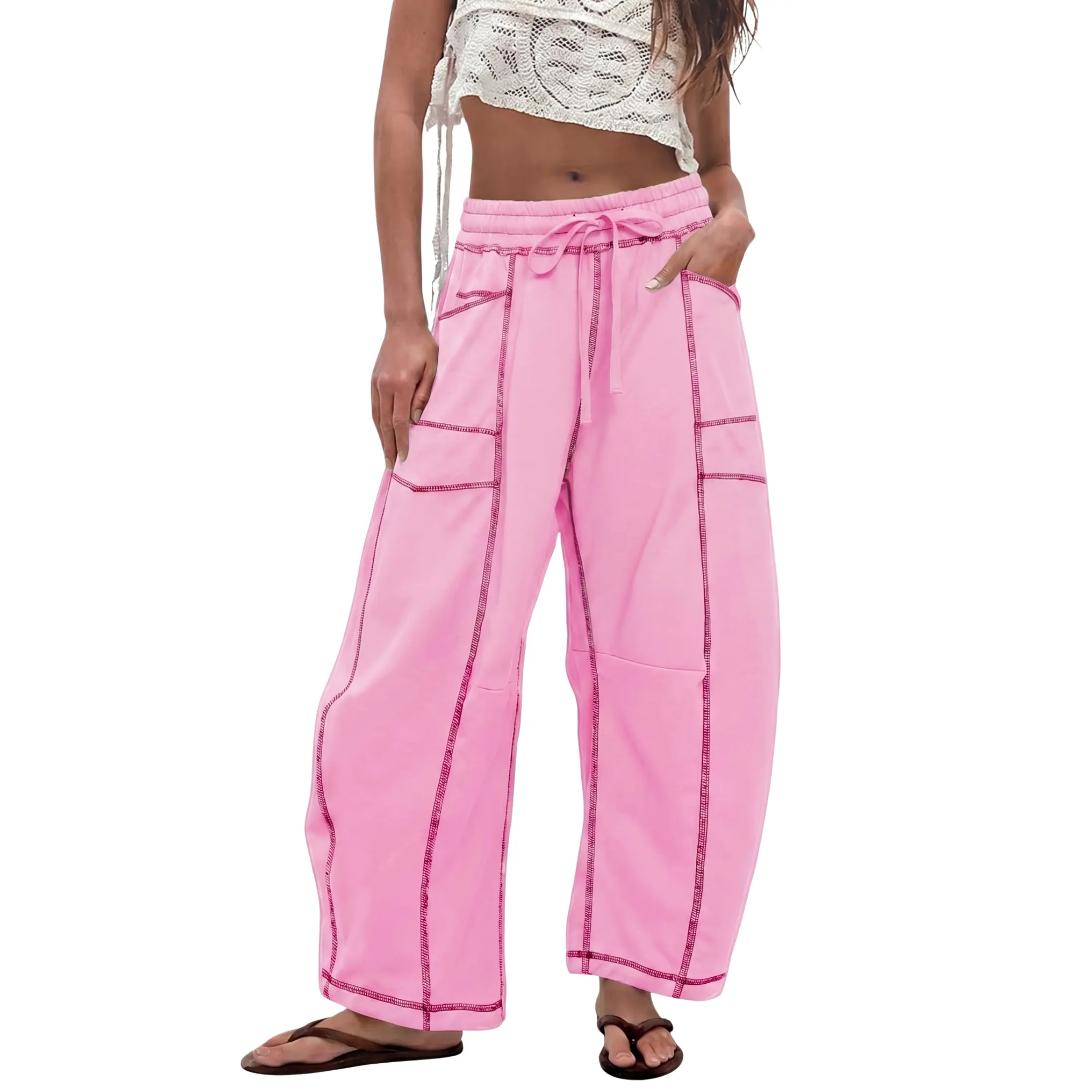 Mibbory Drawstring Barrel Sweatpants For Women Wide Leg Baggy Pants Womenswear 2026 Spring Summer Fall Fashion High Waisted Smocked Elasticated Waistband Patch Pockets Solid Lounge Bottom Style Wideleg Clothes