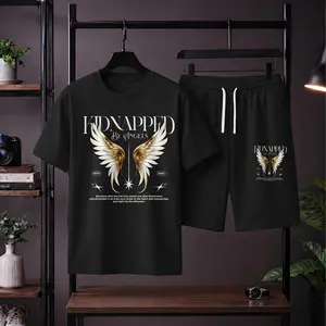 Men’s Angel Wings Graphic T-Shirt and Shorts Set, Casual Short Sleeve Tee with Drawstring Shorts, Faith Inspired 2 Piece Outfit, Breathable Summer Streetwear Matching Set for Daily Wear, Travel and Home