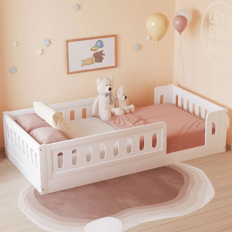 [Bellemave]Wood Size Platform Bed with Guardrail, White