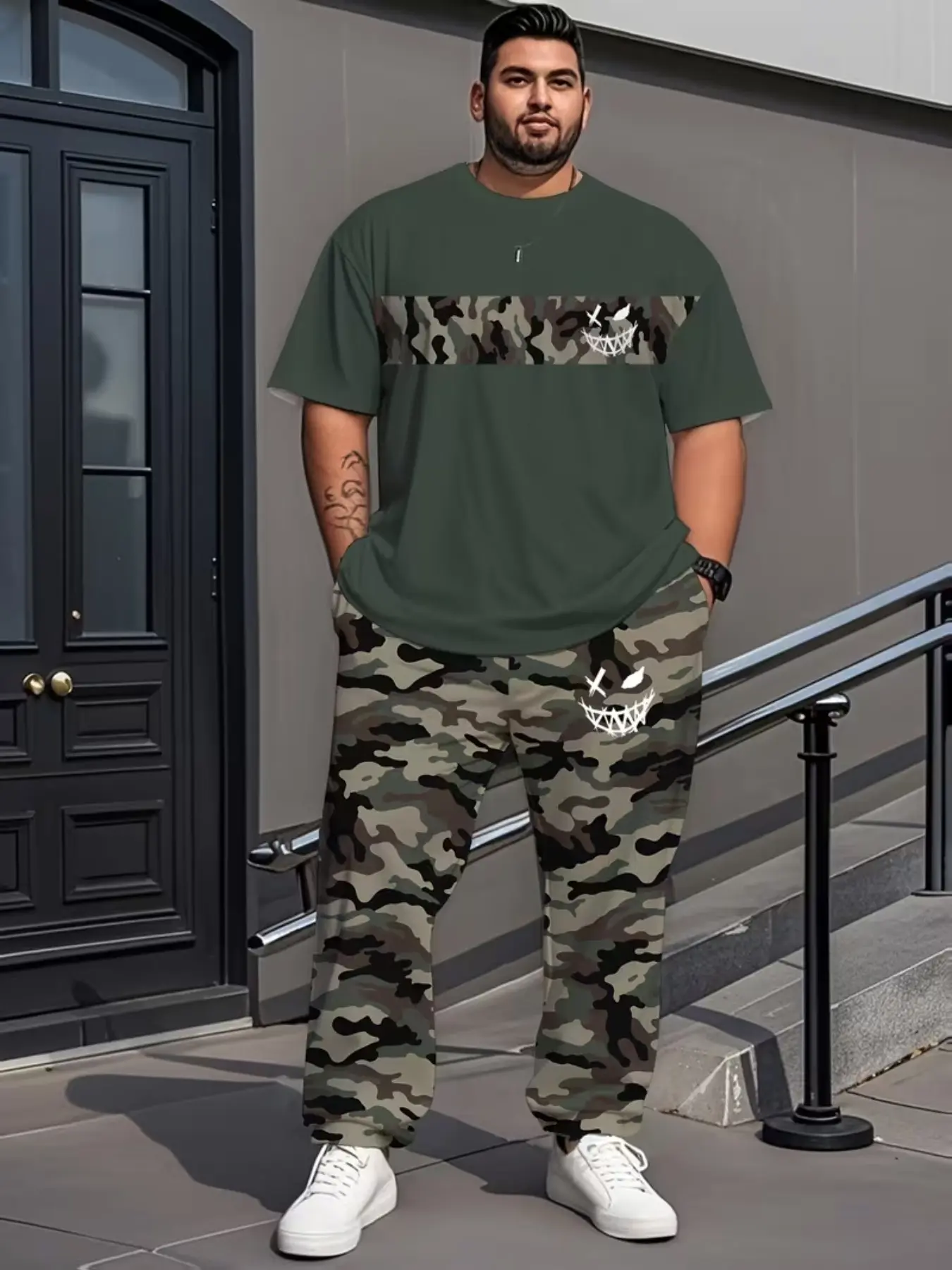 Men's 2-Piece Set Short Sleeve Long Pants, Plus Size Casual Athletic Jogging Outdoor Sports Wear, Round Neck Stretchy Comfortable Fit