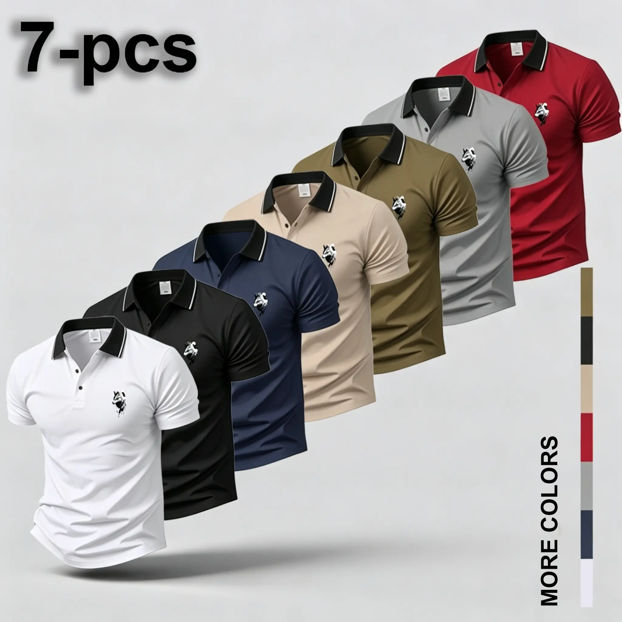 Men's 7 pack polo shirt with contrast collar, slim fit, short sleeves; classic, stretchy, soft, breathable; available in multiple colors; basic top for casual, business, golf, and everyday wear; lightweight, quick-drying. comfortable