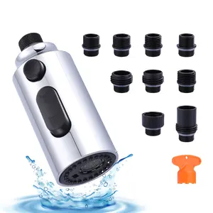 WOWOW Pull Down Faucet Sprayer Head Replacement, Chrome 3 Function Pull Out Spray Head Nozzle with 9 Adapters for Kitchen Sink Faucet