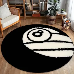 Black and white art style No.8 billiards patterned circular carpet, Modern Abstract Rug, warm and fashionable home decoration, indoor and outdoor printed floor mats, suitable for living rooms, bedrooms, dining rooms, balconies