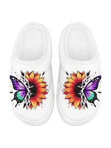 Men's Warm Home Slippers, Colorful Butterfly Sunflower Print Thick-Soled Plush Slippers for Comfort and Everyday Wear, Winter Soft Indoor Couple Shoes