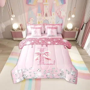 Pink Bowknot Comforter Set,with Sheets,Personalized Initial L Bedding Set for Girls Princess Diamond Printed 7Pcs Bed in A Bag Girly Trendy Monogrammed Bed Set,(No Glitter Sequins)