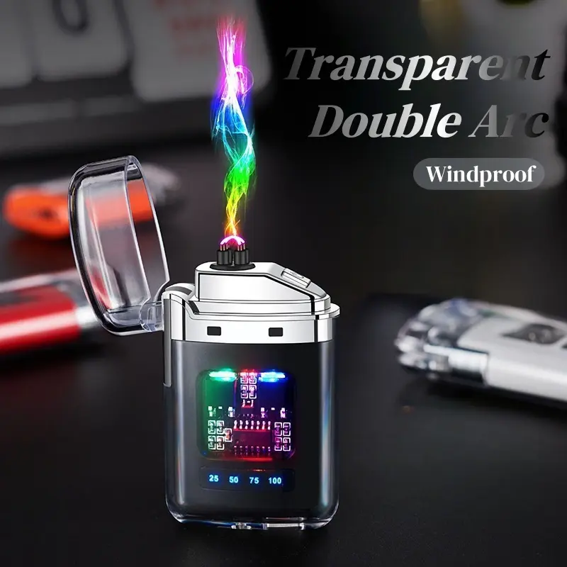 Sleek Transparent Plasma Lighter with Windproof Arc, LED Display & USB-C Fast Charging - Dustproof Outdoor Gadgets for Camping & Survival