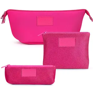 Kat Myhr Neoprene Toiletry Bag Set - Magenta travel toiletry Portable Large Cute Bow