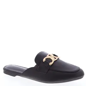 Black Faux Leather Mules with Gold Chain Accent Round Toe Slip-On Summer Loafers for Casual & Dressy Looks Classic Design