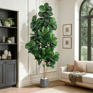 7FT Fiddle Leaf Fig Tree Artificial with 141 Leaves - Realistic Faux Ficus Lyrata Trees in 9" Grey Planter Pot, Indoor Fake Floor Plants for Home Office Living Room Decor, Housewarming Gift Decorative Fruit Matte Minimalist