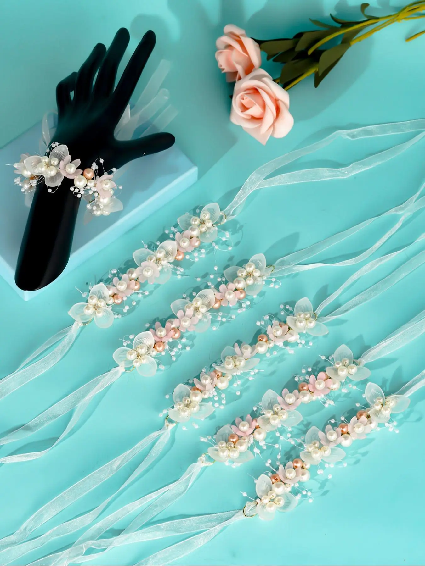 Artificial Pearl Decorated Wrist Corsages, Elegant Wrist Corsages for Wedding Bridal Party Formal Occasions, Fashion Wedding Accessories for Women