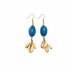 Boho Dangle Earrings with Cowrie Shell and Orange Stone, Gold Tone Hook (Blue,orange,red)