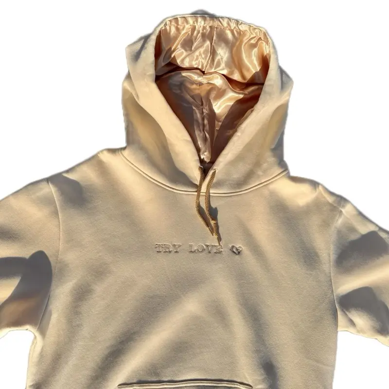 Unisex Oversized Cream Colored Try Love Hoodie w/ Satin Lined Hood Menswear and womenswear