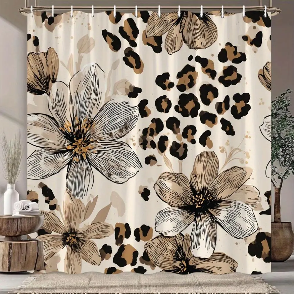 [Back to School] Floral Leopard Print Shower Curtain, Exotic Floral Design with Leopard Spots on Cream Background Intricate Line-Art Detailing, Bathtub Partition Curtain with Hooks, Fashionable Bathroom Accessory Elegant Bathroom Decor Gift Minimalist