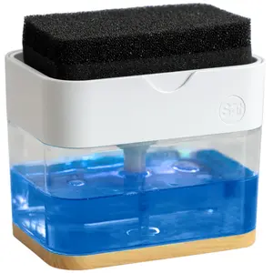 S&T INC. Dish Soap Dispenser and Sponge Holder for Kitchen Sink, Waterproof Labels and Sponge Included, 13 Ounces, Plastic, White and Bamboo