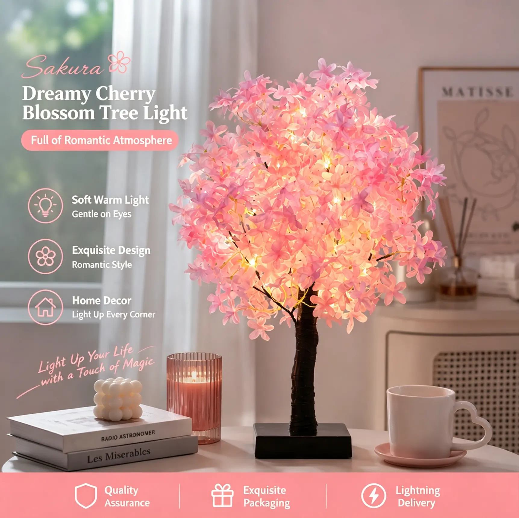 Sakura Blossom Tree Decorative Restock  Home Decor Products for Birthday Memorial Day Desk Decor,Cherry Blossom Decorative Tree Decor, Bedroom Bedside Figure for Night, Ambient Decoration, Desktop Decorative Ornaments,Best Gift for Women,Her,Mom